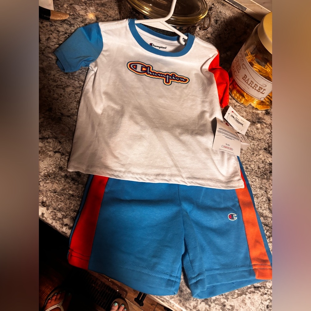 Champion White Tee with Blue & Orange Trim Two-Piece Set